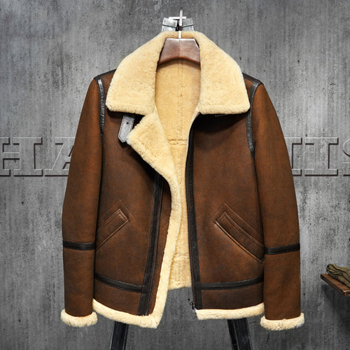 Men's Shearling Leather Jacket  Dark Brown B3 Jacket Original Flying Jacket Men's Fur Coat Aviation Leathercraft Pilots Coat WZ